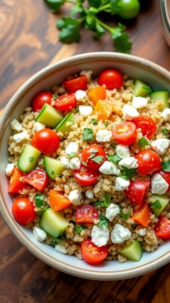 A colorful quinoa salad with cherry tomatoes, cucumber, bell pepper, and feta on a wooden table.